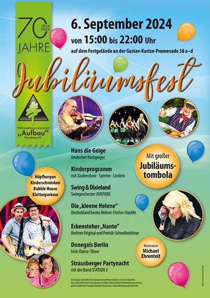 Plakat zum Jubiläumsfest 70 Jahre WBG "Aufbau" Strausberg am 06. September 2024